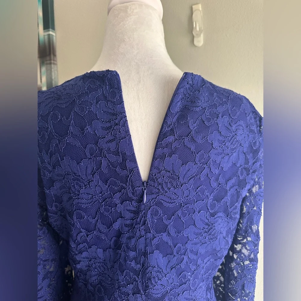 RALPH LAUREN Blue Stretch Floral Lace Sheath Scallop Trim Dress Size 10 - Picture 6 of 10